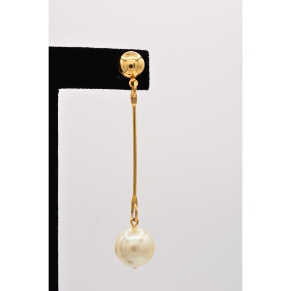 Vintage Dangle Earrings Long Round Faux Pearl Drop White Chunky 1990s BinZ - Picture 7 of 12